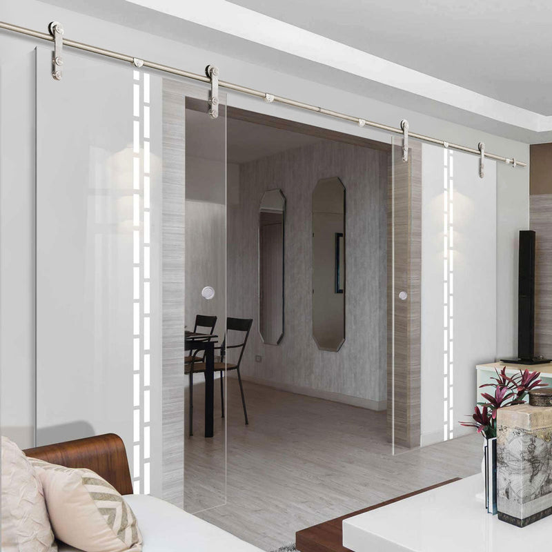 Double Glass Sliding Door - Solaris Tubular Stainless Steel Sliding Track & Inveresk 8mm Clear Glass - Obscure Printed Design