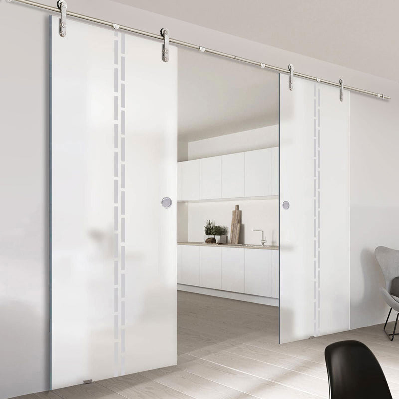 Double Glass Sliding Door - Solaris Tubular Stainless Steel Sliding Track & Inveresk 8mm Obscure Glass - Obscure Printed Design