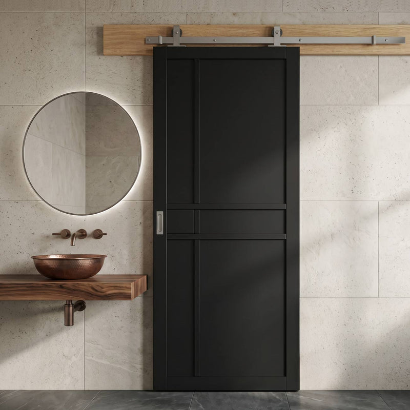Top Mounted Stainless Steel Sliding Track & Door - Industrial City Black Panel Internal Door - Prefinished