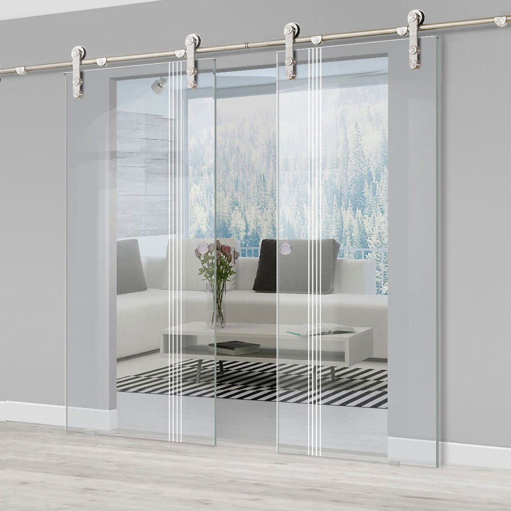 Double Glass Sliding Door - Solaris Tubular Stainless Steel Sliding Track & Juniper 8mm Clear Glass - Obscure Printed Design