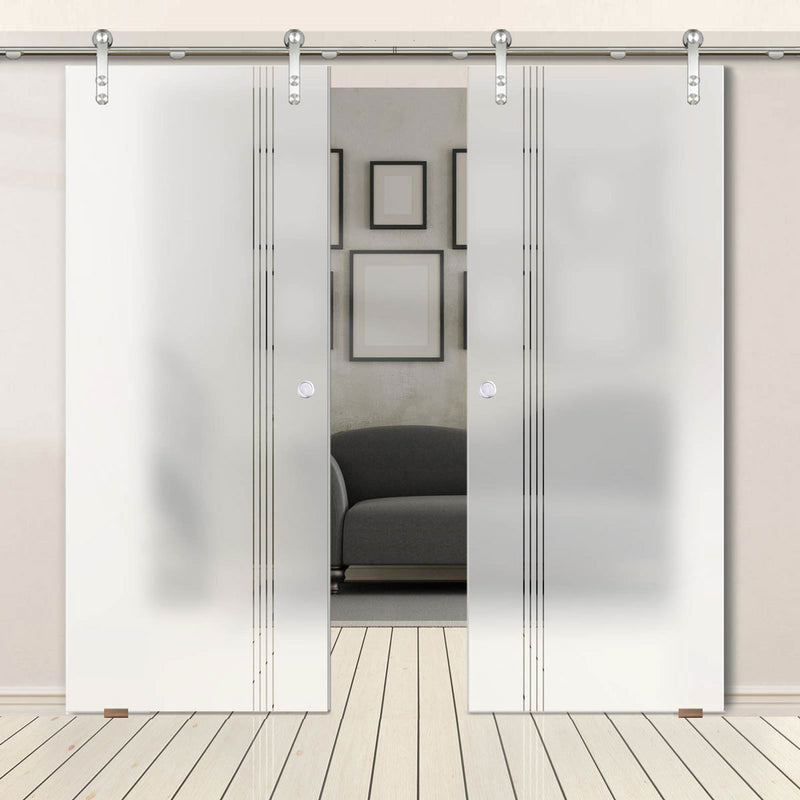 Double Glass Sliding Door - Solaris Tubular Stainless Steel Sliding Track & Juniper 8mm Obscure Glass - Clear Printed Design