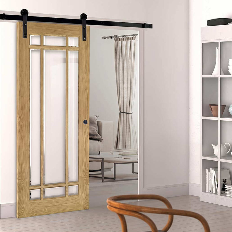 Single Sliding Door & Black Barn Track - Kerry Oak Door - Bevelled Clear Safety Glass - Unfinished