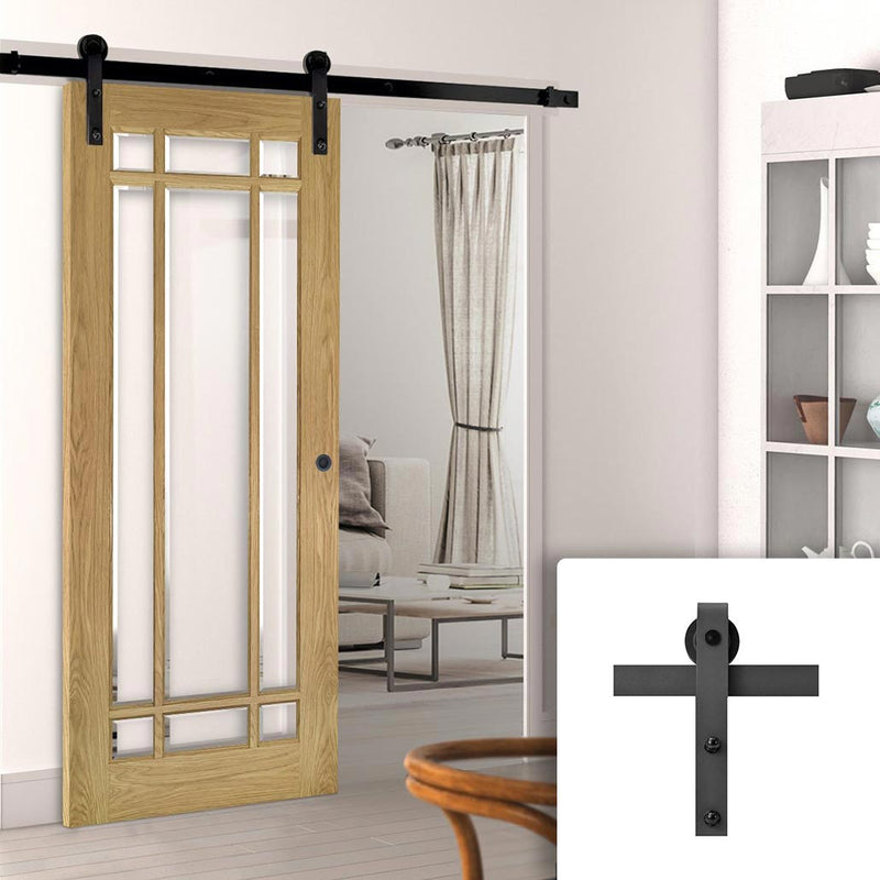 Single Sliding Door & Black Barn Track - Kerry Oak Door - Bevelled Clear Safety Glass - Unfinished