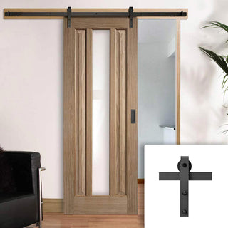 Image: Single Sliding Door & Black Barn Track - Kilburn 1 Pane Oak Door - Clear Glass - Unfinished