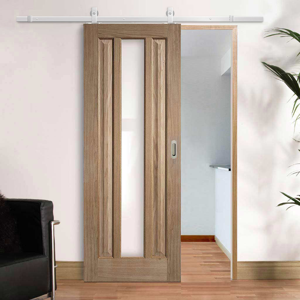 Top Mounted Stainless Steel Sliding Track & Door - Kilburn 1 Pane Oak Door - Clear Glass - Unfinished