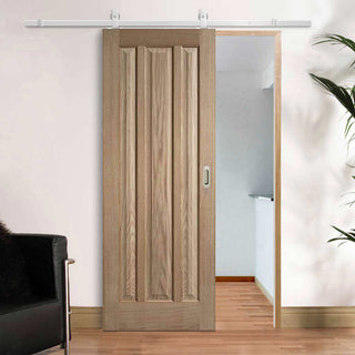 Image: Top Mounted Stainless Steel Sliding Track & Door - Kilburn 3 Panel Oak Door - Unfinished