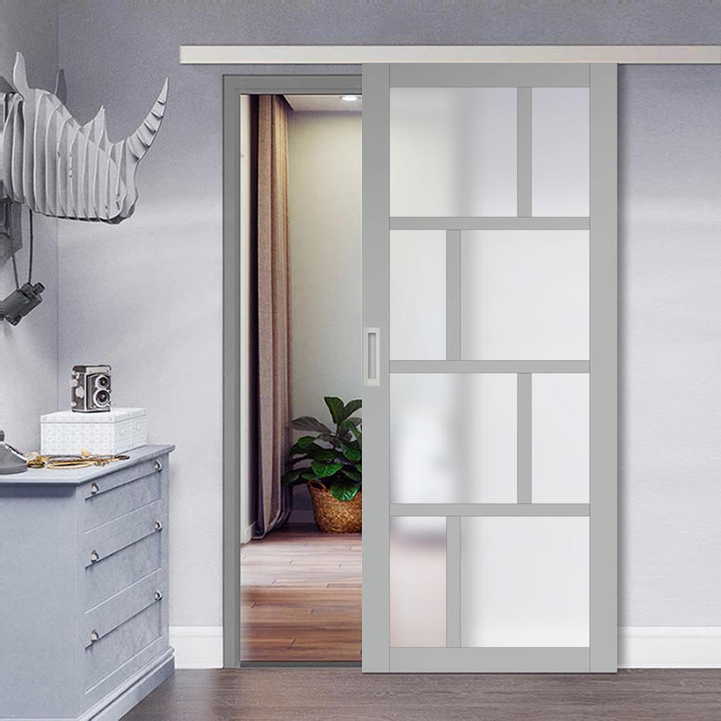 Single Sliding Door & Premium Wall Track - Eco-Urban® Kochi 8 Pane Door DD6415SG Frosted Glass - 6 Colour Options