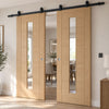 Top Mounted Black Sliding Track & Double Door - Valdor Ladder Oak Door - Clear Glass - Unfinished