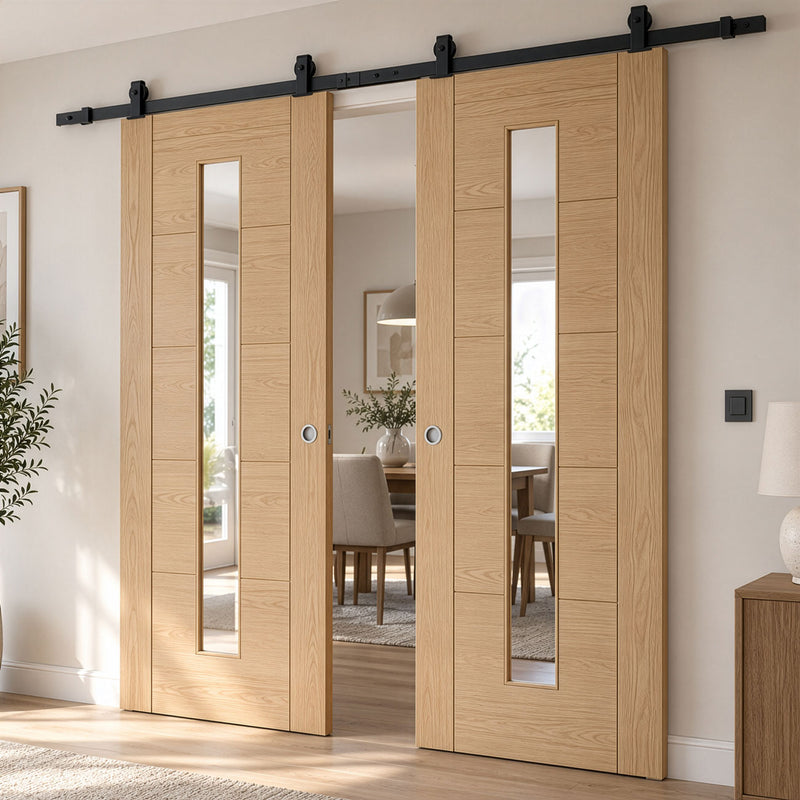 Top Mounted Black Sliding Track & Double Door - Valdor Ladder Oak Door - Clear Glass - Unfinished