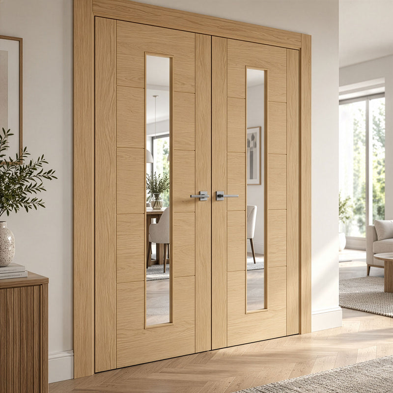Valdor - Ladder Oak Internal Door Pair - Clear Glass - Unfinished