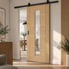 Top Mounted Black Sliding Track & Door - Valdor Ladder Oak Door - Clear Glass - Unfinished