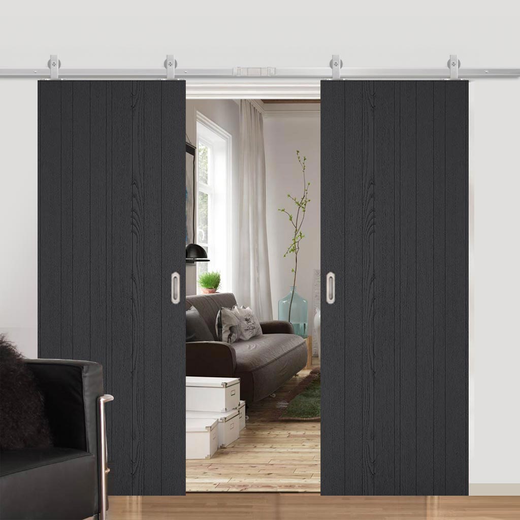Top Mounted Stainless Steel Sliding Track & Double Door - Laminate Montreal Flush Black Doors - Prefinished
