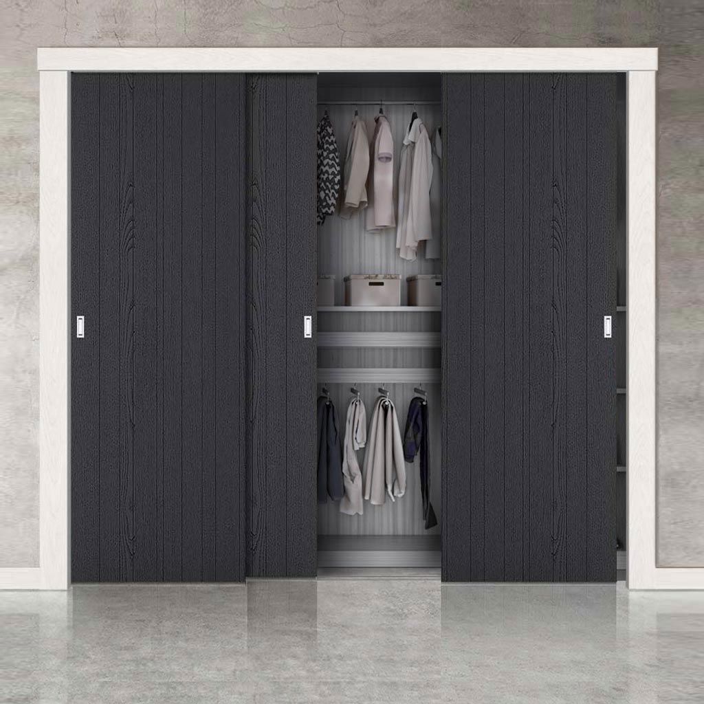 Minimalist Wardrobe Door & Frame Kit - Three Laminate Montreal Black Door - Prefinished