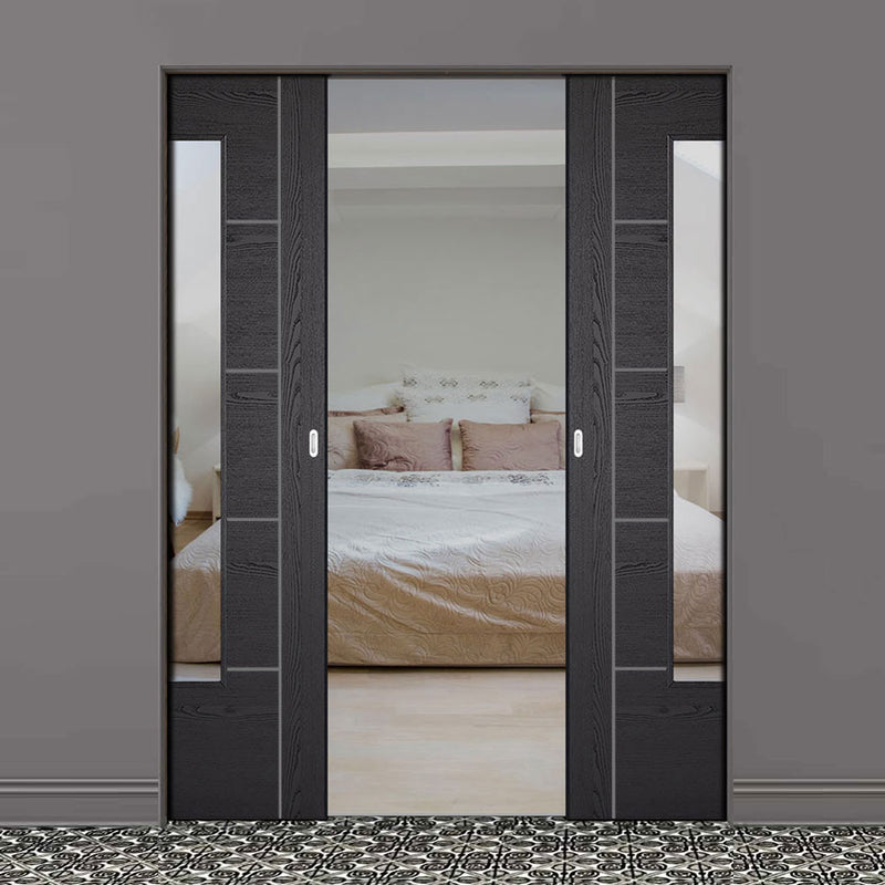 Laminate Vancouver Black Absolute Evokit Double Pocket Door - Prefinished - Clear Glass - Prefinished