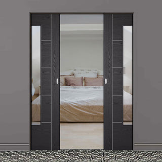 Image: Laminate Vancouver Black Absolute Evokit Double Pocket Door - Prefinished - Clear Glass - Prefinished