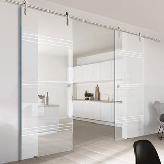 Image: Double Glass Sliding Door - Solaris Tubular Stainless Steel Sliding Track & Lauder 8mm Clear Glass - Obscure Printed Design
