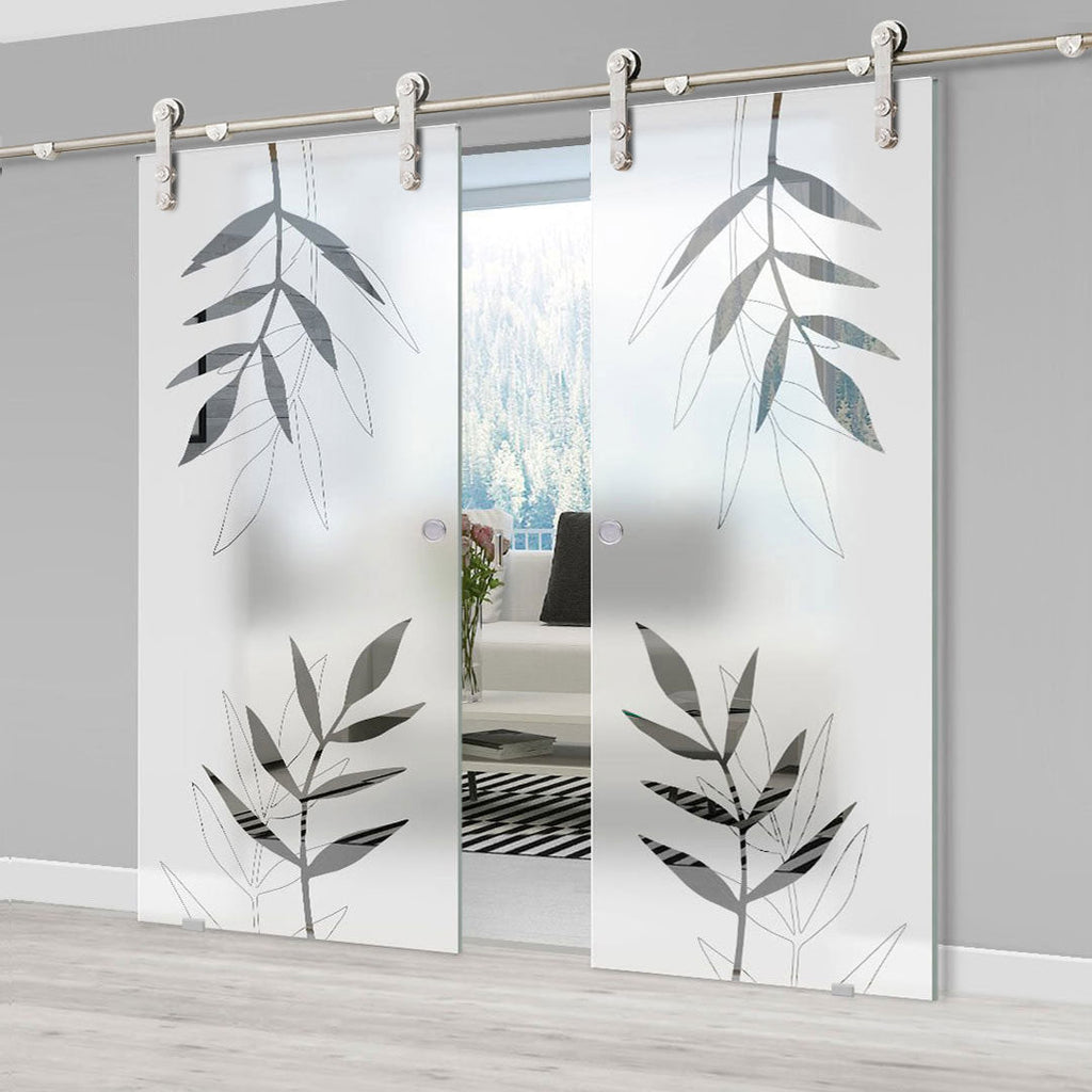 Double Glass Sliding Door - Solaris Tubular Stainless Steel Sliding Track & Leaf Print 8mm Obscure Glass - Clear Printed Design