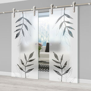 Image: Double Glass Sliding Door - Solaris Tubular Stainless Steel Sliding Track & Leaf Print 8mm Obscure Glass - Clear Printed Design