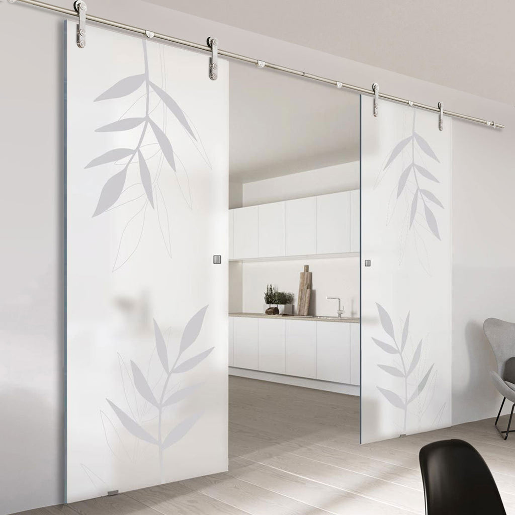 Double Glass Sliding Door - Solaris Tubular Stainless Steel Sliding Track & Leaf Print 8mm Obscure Glass - Obscure Printed Design