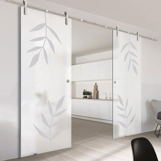 Image: Double Glass Sliding Door - Solaris Tubular Stainless Steel Sliding Track & Leaf Print 8mm Obscure Glass - Obscure Printed Design