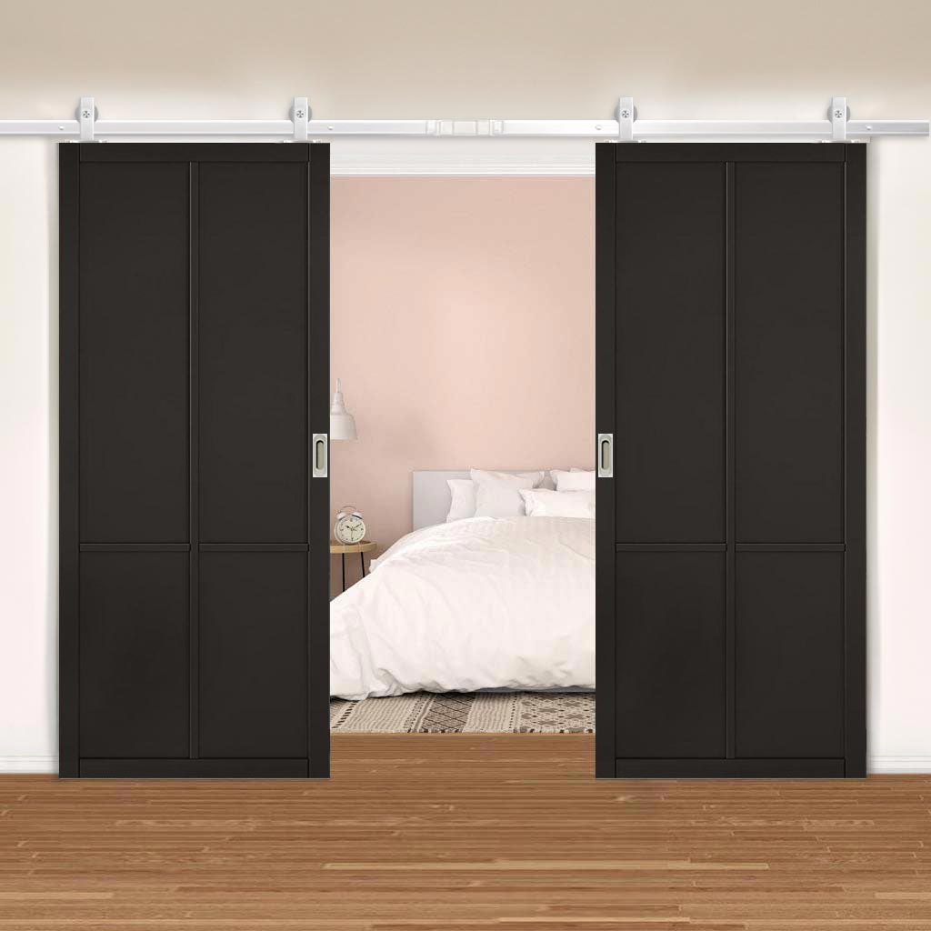 Top Mounted Stainless Steel Sliding Track & Double Door - Liberty 4 Panel Black Painted Doors - Prefinished