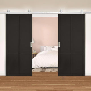 Image: Top Mounted Stainless Steel Sliding Track & Double Door - Liberty 4 Panel Black Painted Doors - Prefinished