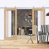 Top Mounted Stainless Steel Sliding Track & Double Door - Lincoln 3 Pane Oak Doors - Clear Glass - Unfinished