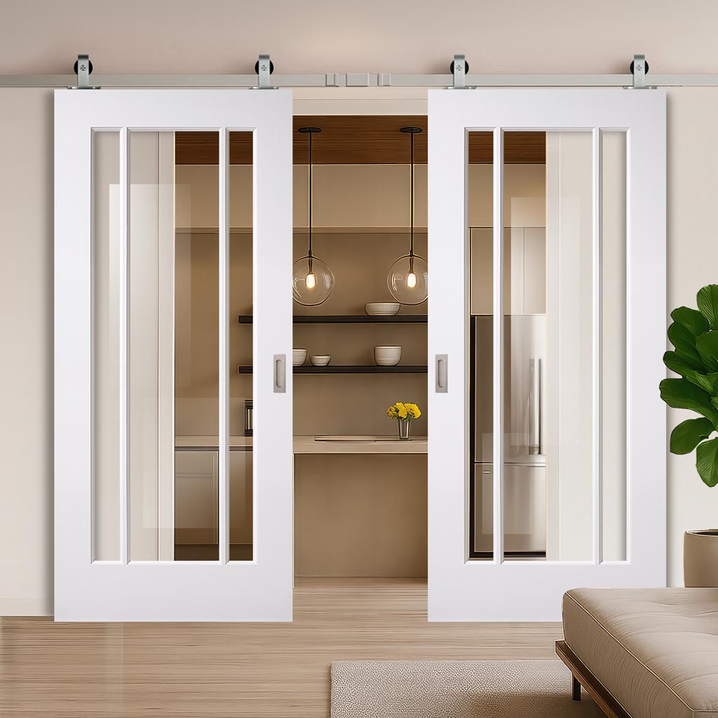 Top Mounted Stainless Steel Sliding Track & Double Door - Lincoln White Primed Internal Door - Clear Glass - Unfinished