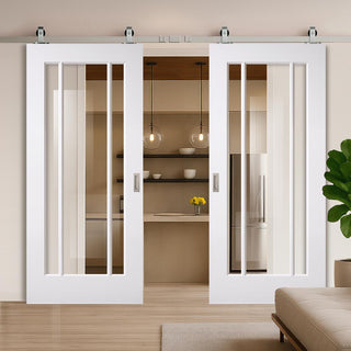 Image: Top Mounted Stainless Steel Sliding Track & Double Door - Lincoln White Primed Internal Door - Clear Glass - Unfinished