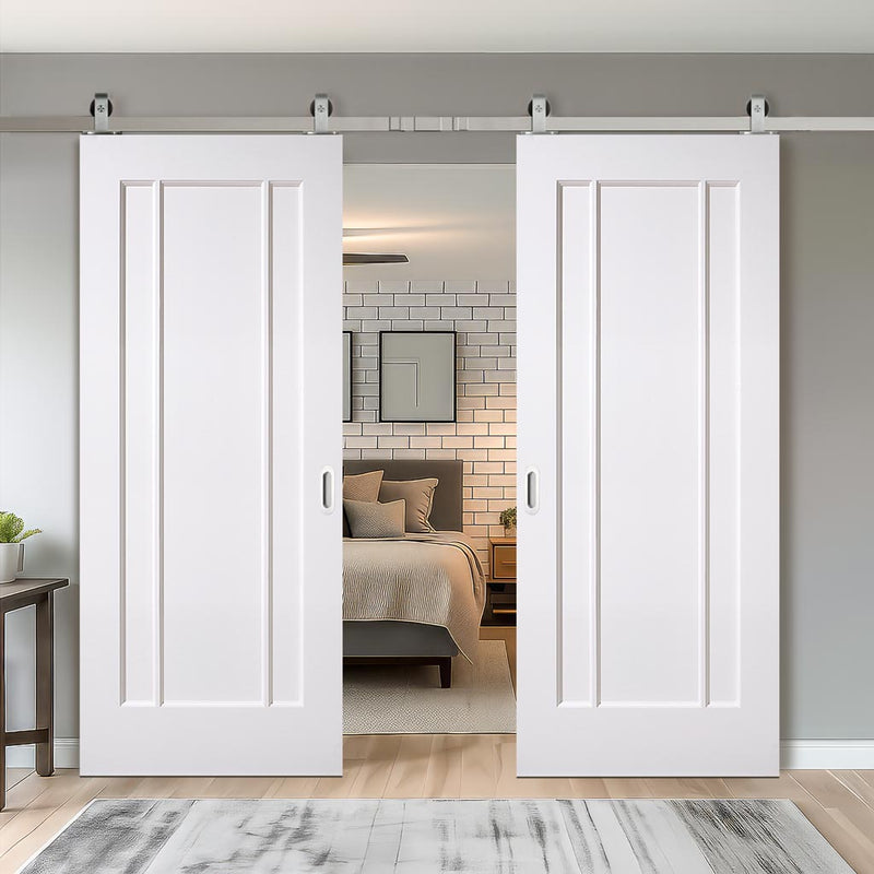 Top Mounted Stainless Steel Sliding Track & Double Door - Lincoln White Primed Internal Door - Unfinished