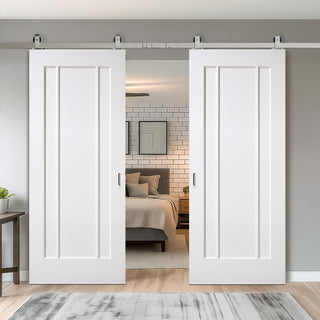 Image: Top Mounted Stainless Steel Sliding Track & Double Door - Lincoln White Primed Internal Door - Unfinished