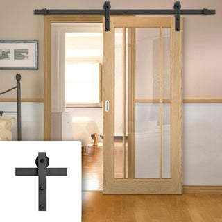 Image: Single Sliding Door & Black Barn Track - Lincoln 3 Pane Oak Door - Clear Glass - Unfinished