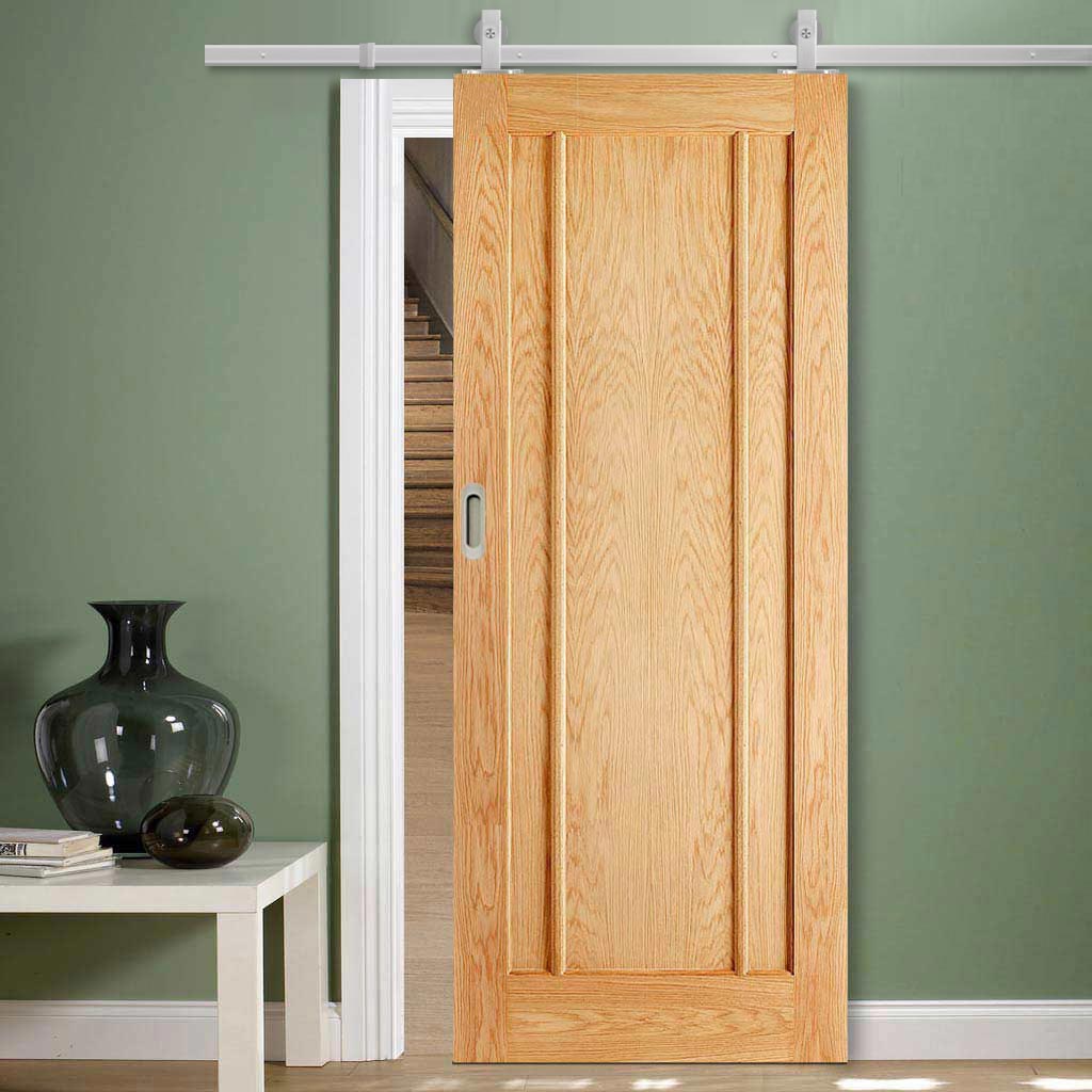 Top Mounted Stainless Steel Sliding Track & Door - Lincoln 3 Panel Oak Door - Unfinished