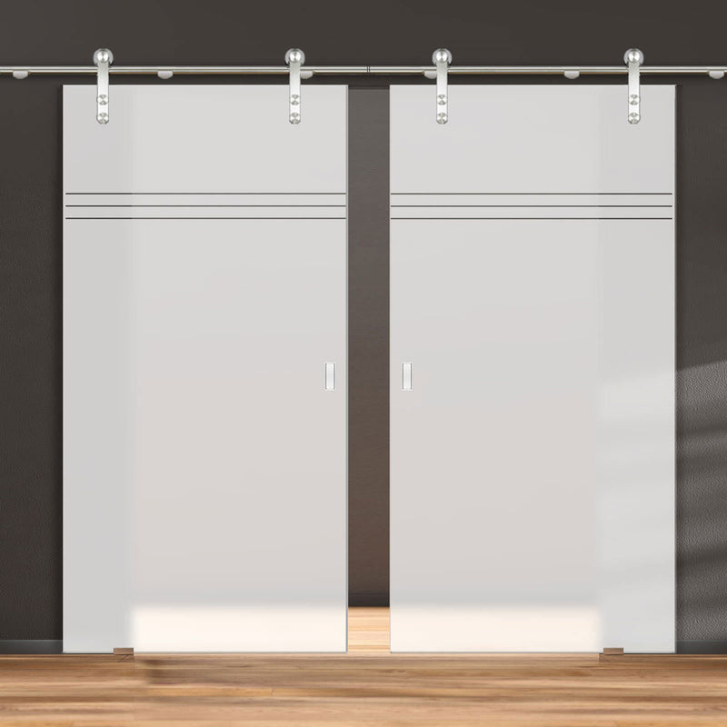 Double Glass Sliding Door - Solaris Tubular Stainless Steel Sliding Track & Linton 8mm Obscure Glass - Clear Printed Design