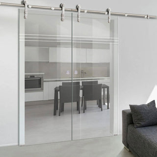 Image: Double Glass Sliding Door - Solaris Tubular Stainless Steel Sliding Track & Linton 8mm Clear Glass - Obscure Printed Design