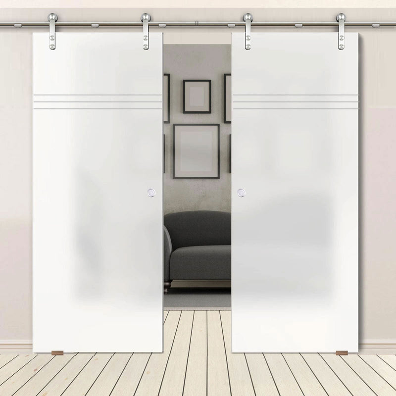 Double Glass Sliding Door - Solaris Tubular Stainless Steel Sliding Track & Linton 8mm Obscure Glass - Obscure Printed Design