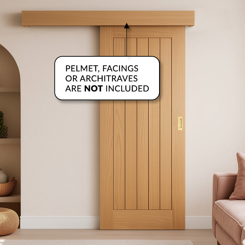 Bespoke Thruslide Surface Mexicano Oak Door - Vertical Lining - Sliding Door and Track Kit - Prefinished
