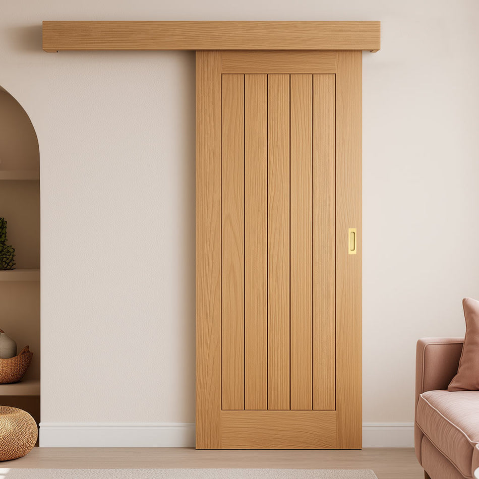 Bespoke Thruslide Surface Mexicano Oak Door - Vertical Lining - Sliding Door and Track Kit - Prefinished