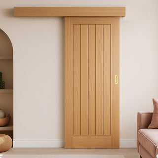 Image: Bespoke Thruslide Surface Mexicano Oak Door - Vertical Lining - Sliding Door and Track Kit - Prefinished