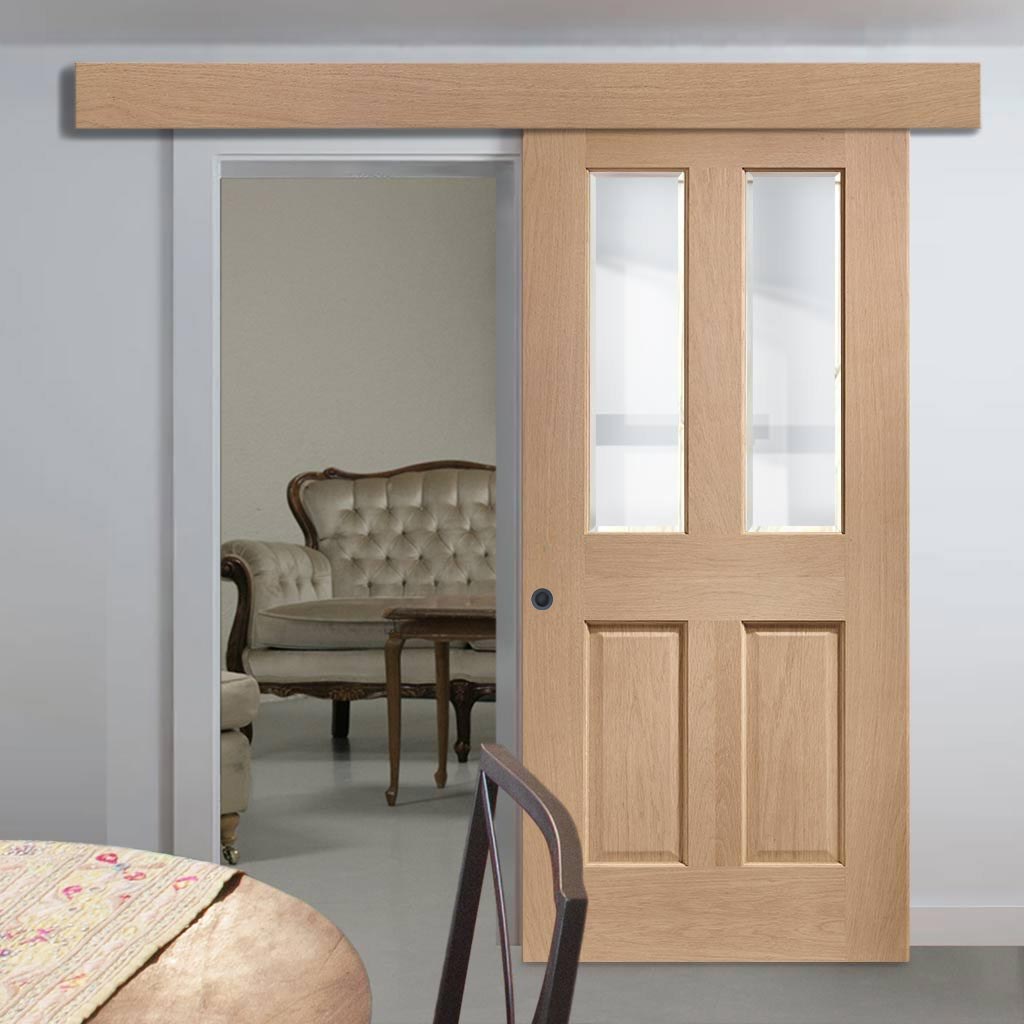 Single Sliding Door & Wall Track - Malton Oak Door - Bevelled Clear Glass - Unfinished