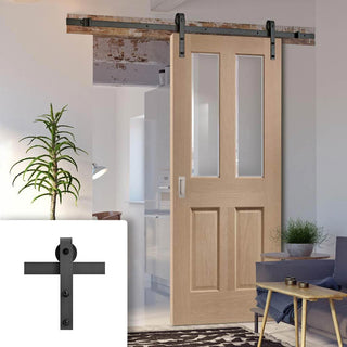 Image: Single Sliding Door & Black Barn Track - Malton Oak Door - No Raised Mouldings - Bevelled Clear Glass - Prefinished