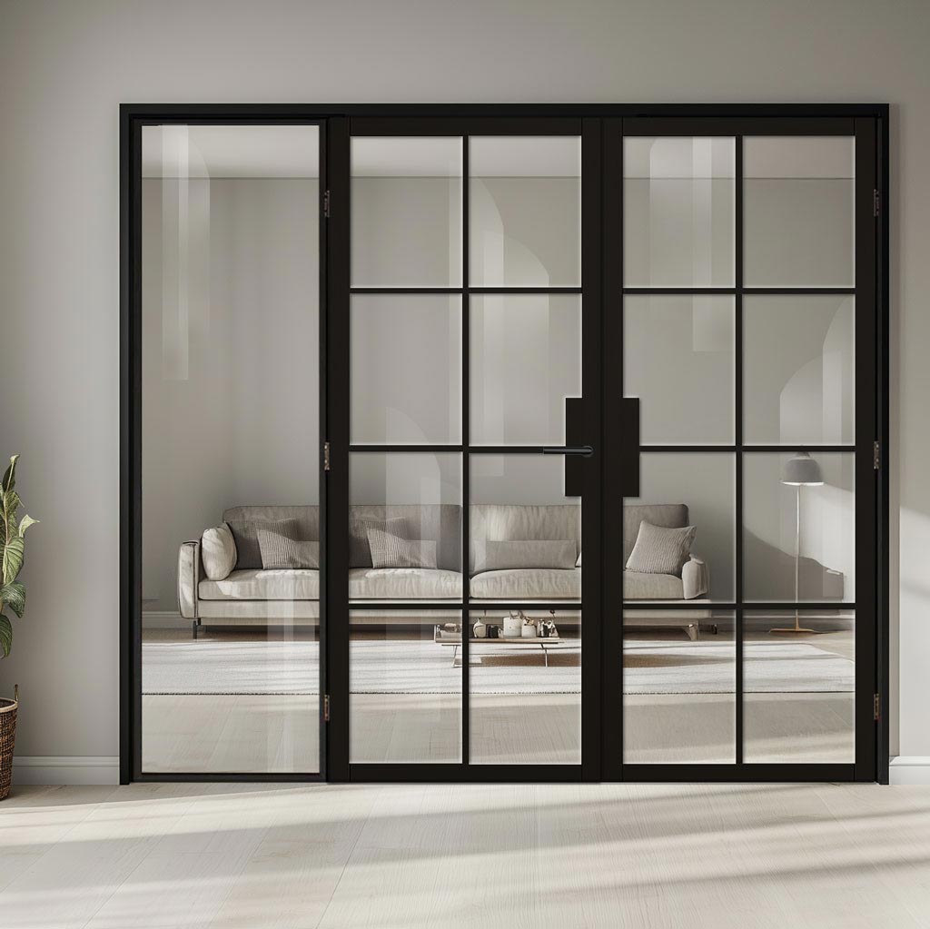 ThruEasi Black Room Divider - Malvern Clear Glass Prefinished Door Pair with Full Glass Side