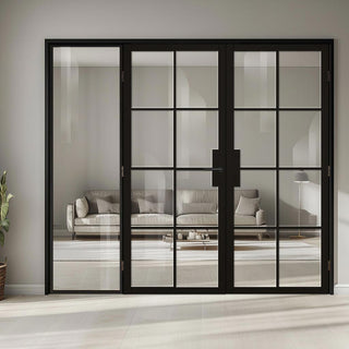 Image: ThruEasi Black Room Divider - Malvern Clear Glass Prefinished Door Pair with Full Glass Side