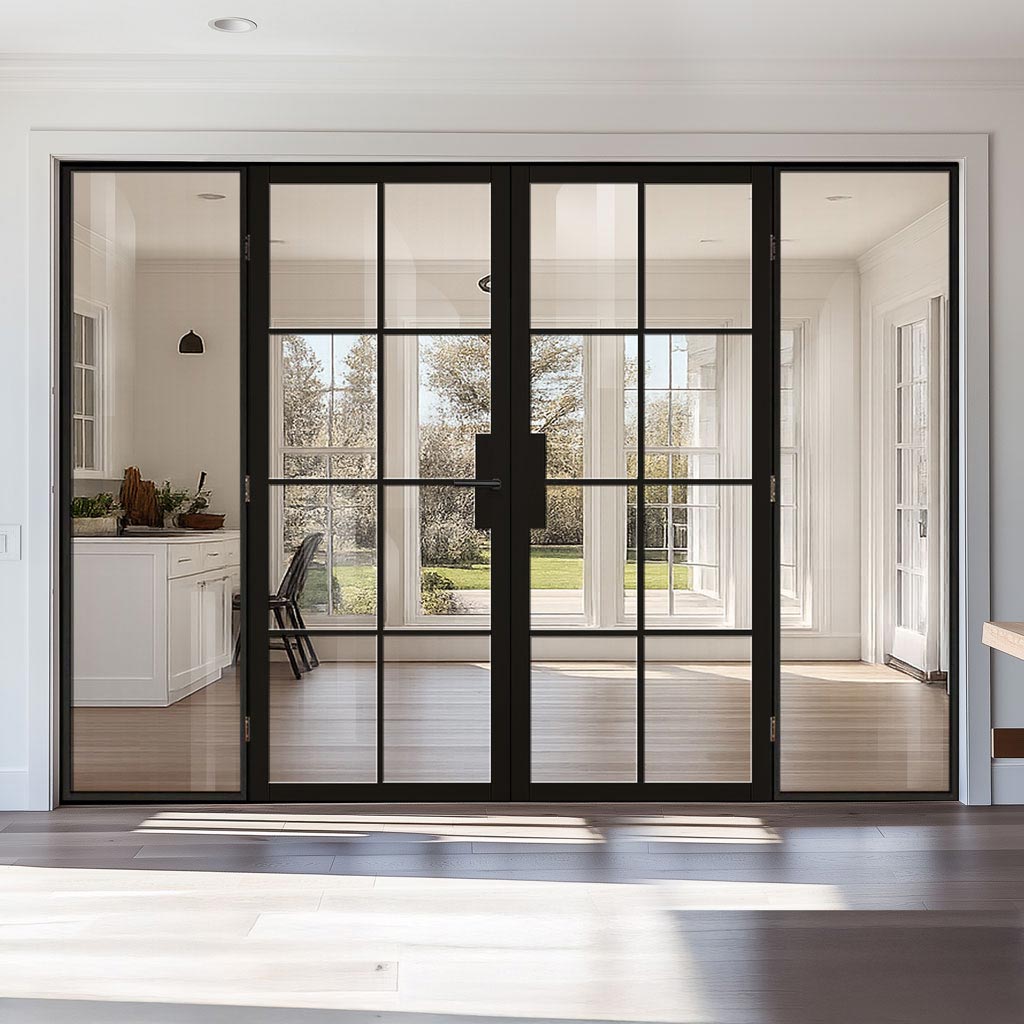 ThruEasi Black Room Divider - Malvern Clear Glass Prefinished Door Pair with Full Glass Sides