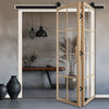 Sliding Top Mounted Black Folding Track & Double Door - Malvern Blonde Oak Internal Door - Clear Glass - Prefinished