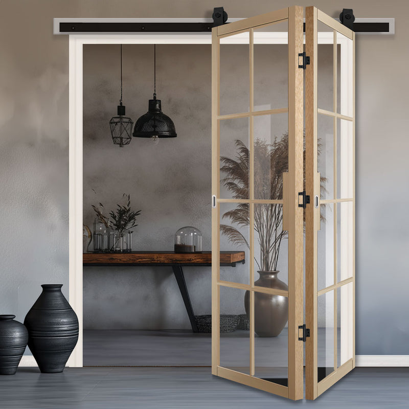 Sliding Top Mounted Black Folding Track & Double Door - Malvern Blonde Oak Internal Door - Clear Glass - Prefinished