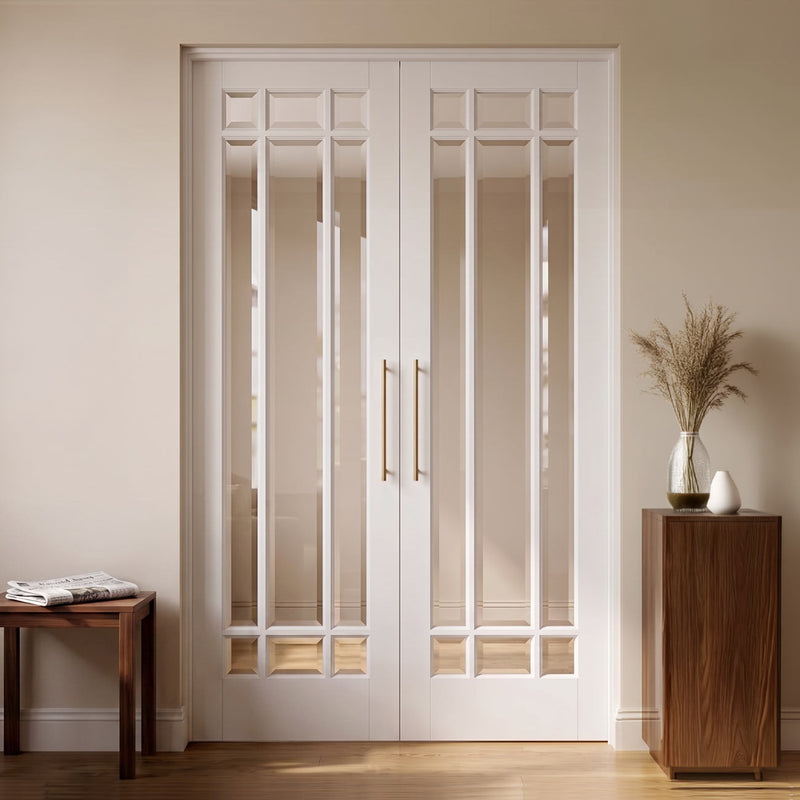 Manhattan Internal Door Pair - Bevelled Clear Glass - White Primed