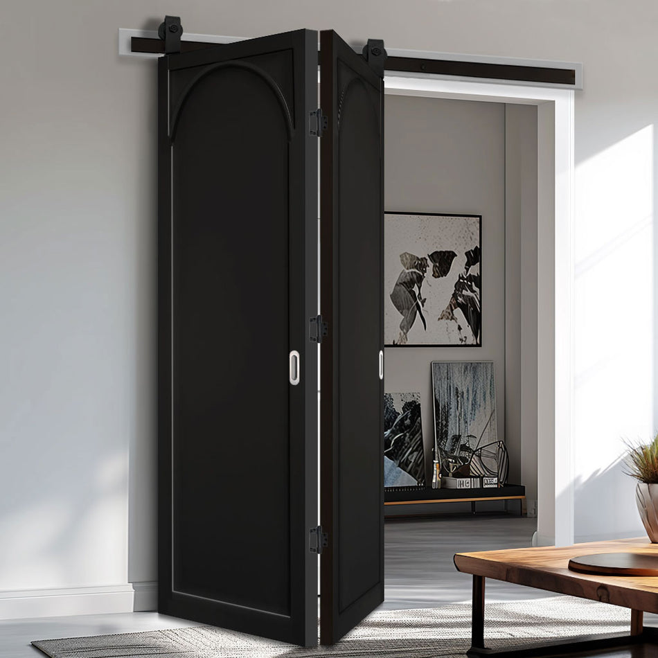 Sliding Top Mounted Black Folding Track & Double Door - Melrose Panel Black Internal Door - Prefinished