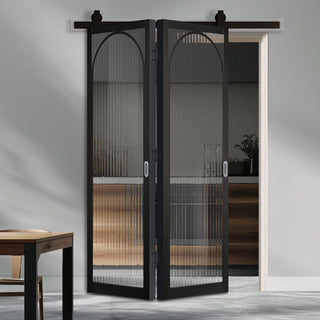 Image: SpaceEasi Top Mounted Black Folding Track & Double Door - Melrose Black Internal Door - Reeded Glass - Prefinished