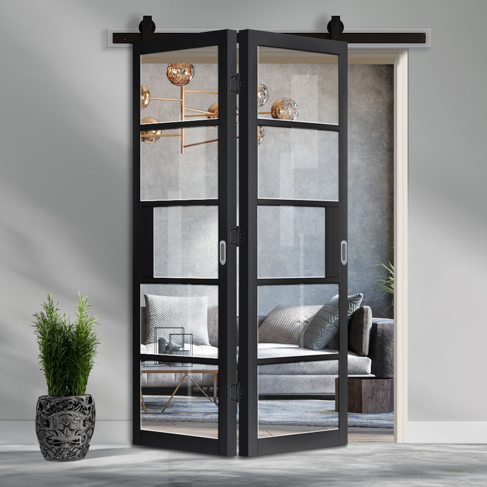 Sliding Top Mounted Black Folding Track & Double Door - Industrial Metro Black Internal Door - Clear Glass - Prefinished